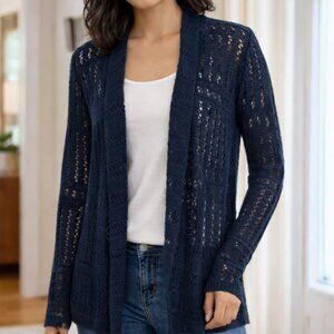 Mystree Pointelle Open Stitch Long Sleeve Open Front Cardigan Sweater Blue XS
